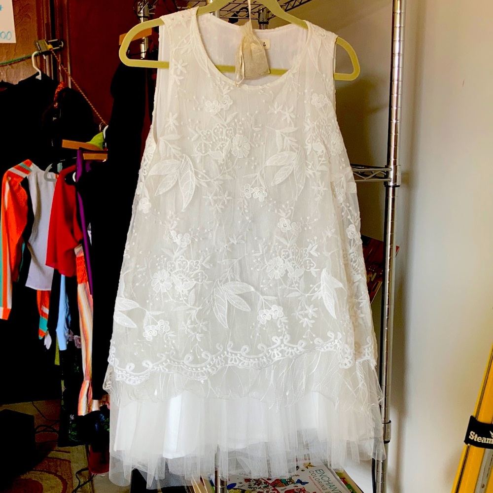 POL brand white floral lace midi dress. Feminine!